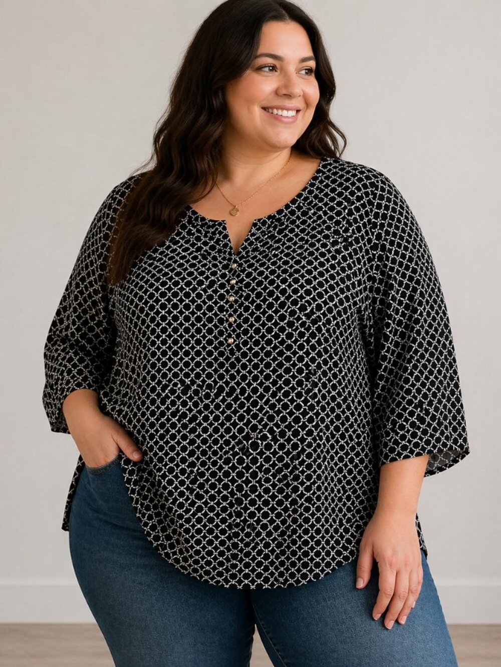 Croft & Barrow Plus Size Black and White Geometric Print 3/4 Sleeve Blouse 3X